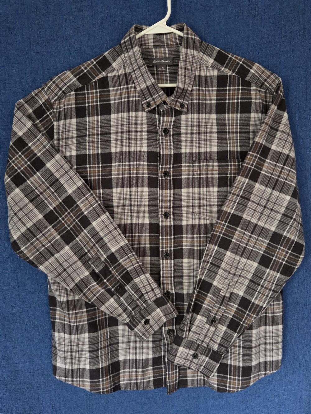 Eddie Bauer Black, White & Brown Plaid Button-Down Shirt 100% Cotton Flannel